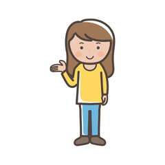 説明や案内をするイメージの若いパンツルックの女性の全身イラスト