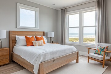 A comfortable bedroom with a view of the ocean through windows