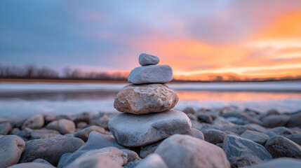 Balanced Rocks at Sunset Over a Winter River