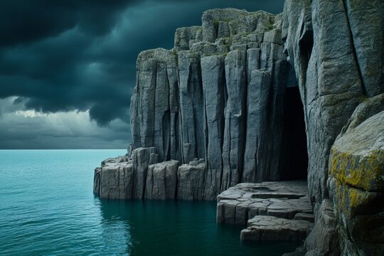 A gothic-style rocky cliffside, with dark, ominous clouds rolling in from the sea