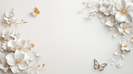 Elegant 3D floral arrangement with butterflies on a soft white background, perfect for decorative designs.