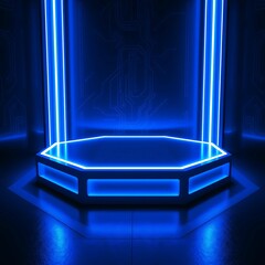 A futuristic, high-tech showcase platform with neon blue LED lights