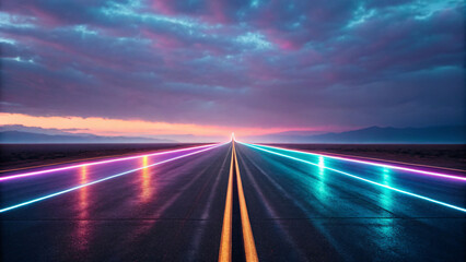 Obraz premium Futuristic Road with Neon Lights Reflecting on Wet Asphalt at Sunset