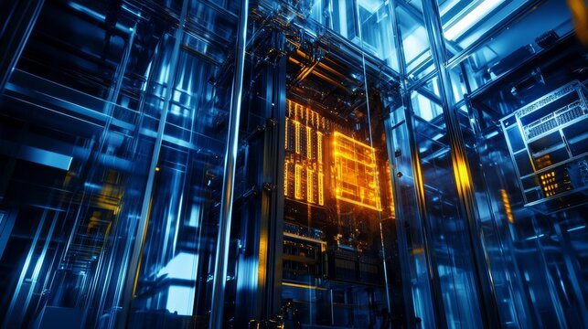 A quantum computing lab with engineers monitoring a glowing quantum processor, ultra-modern glass and metal interior, high-tech cooling systems