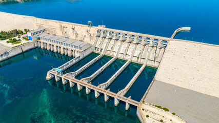 Top down aerial view of dam structure and hydroelectric plant Birecik, Sanliurfa, Turkey