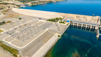 Top down aerial view of dam structure and hydroelectric plant Birecik, Sanliurfa, Turkey