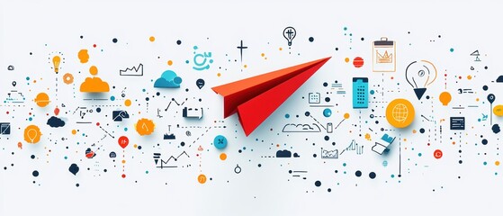 Pixel Art Red Paper Airplane Soaring Over Colorful Iconography on Clean White Background Illustrating Modern Communication Landscape