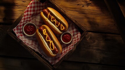 Delicious Hot Dogs with Ketchup and Mustard on a Wooden Background