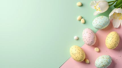 Delicate easter background, spring concept. Colorful pastel eggs, card, background for easter. easter eggs and delicate white flowers are laid out on a pastel background.