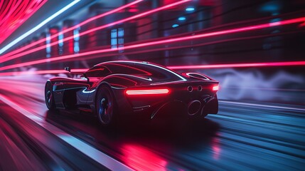 A futuristic sports car and racing cars accelerates on a neon highway with colorful light trails