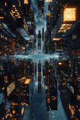 Fototapeta premium A cyberpunk city with illuminated floating home listings.