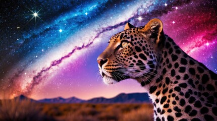 A stunning leopard with cosmic patterns gazes into a vibrant, starry expanse, exuding magic.