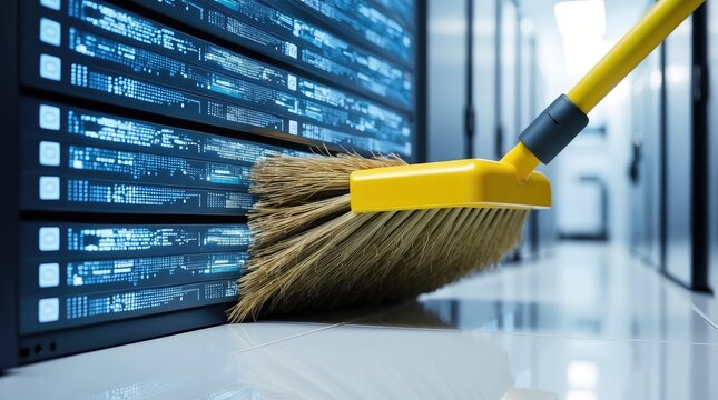 Close-up of broom sweeping digital data in high-tech environment. Depicts data cleanup, cybersecurity, digital hygiene. Brush removes dust, deletes software bugs, protects from virus, cleans server