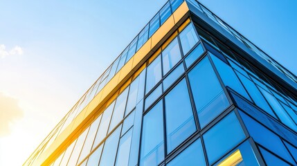 Obraz premium Modern city office tower exterior, clean lines and full-glass facade with skyline reflections, futuristic urban workspace concept