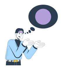 Frustrated korean man gesturing with thought bubble circle 2D cartoon character. Thinking, mental conflict. Asian guy problem solving flat vector person isolated on white. Spot illustration colorful