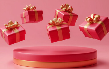 Obraz premium Pink Gift Boxes with Gold Ribbons Floating Above a Pink and Gold Platform