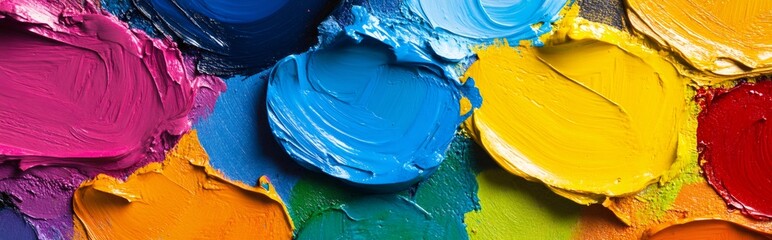 Palette with vibrant oil paint strokes creating colorful background