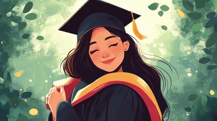 Young asian female graduate in cap and gown celebrating success outdoors