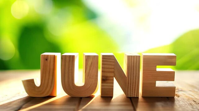 Text "June" on wooden blocks with green leaves and sunlight. Spring background for the month JUNE. Hello summer