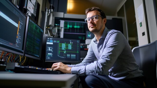 A renewable energy engineer designing energy storage systems for solar power, advanced tech lab with real-time battery performance monitoring and solar energy integration, Scientific style