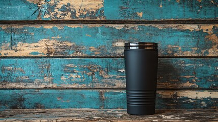 Black Tumbler on Distressed Wood Background for Beverage Mockup
