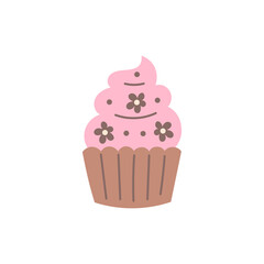 Pink Cupcake Hand drawn Icon. Pastel Colored Sweet Food Element decorated with round sprinkles and flower blossoms. Vector illustration 