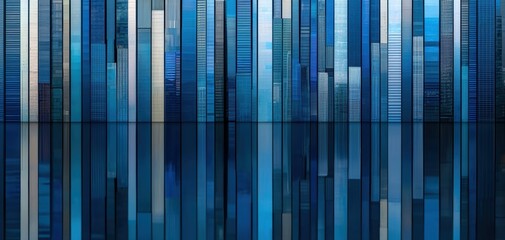 Office tower facade with deep blue reflection of city skyscrapers, abstracting urban density with symmetry and repetition