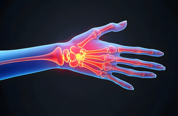Close-up of woman hand, wrist pain with bones x-ray effect, wrist injury, arthritis, carpal tunnel syndrome, pain condition concept. Joint inflammation repetitive strain injury. Medical illustration.