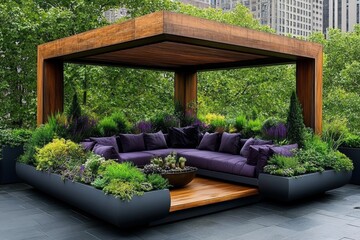 A modern rooftop garden with a wooden pergola and a retractable awning, surrounded by lush greenery