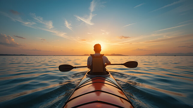 Rear view of kayaker man paddle kayak at sunset sea