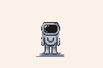 A pixel art illustration of a small astronaut in a gray spacesuit with a reflective black visor, standing alone with a shadow beneath. can be used as a background, card, wallpaper, or game asset.