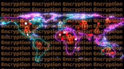 hundred digital light global map change color to orange and encryption texi all screen. concept hacker use ransomware to encryption data system or financial