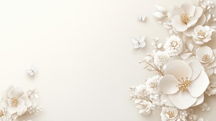 Elegant white floral arrangement with delicate paper flowers and butterflies on a soft beige background.