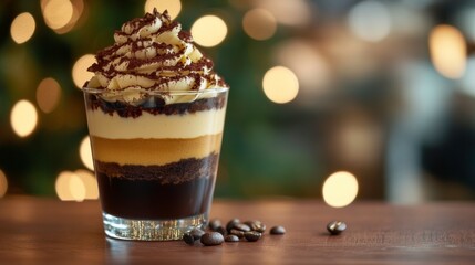 Delicious layered dessert in a glass with cream and chocolate drizzle