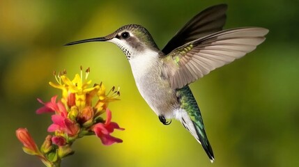 Hummingbird in flight, near colorful flowers