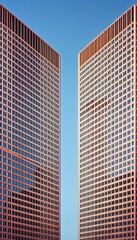 Fototapeta premium Low angle view of twin skyscrapers with geometric brick facade, sharp symmetry and modern pattern design under clear blue sky, architectural abstraction