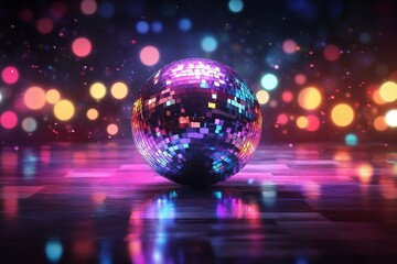 3D render of a colorful disco ball with lights and glitter on a dark background.