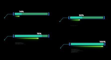 Progress bar animation with callout and laser loading bar inside light blue white fill tone with numeric and 14 to 100 percent text motion on the black screen