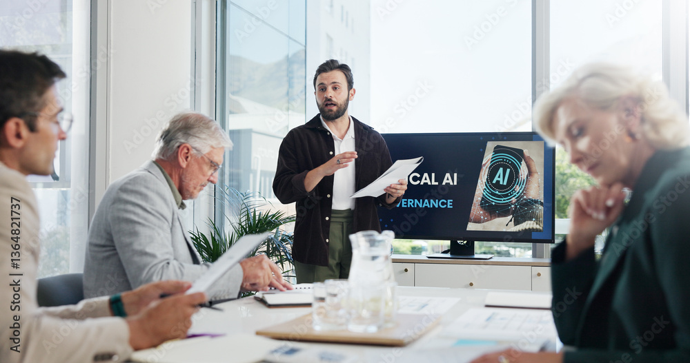 Poster presentation, paperwork and businessman in office with team for ai governance system. discussion, pr