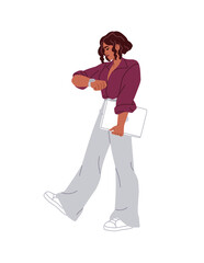 Business woman checks the clock, watches to not late. Businesswoman holds laptop and looks at wristwatch. Time management, punctuality, work organization. Flat isolated vector illustration on white