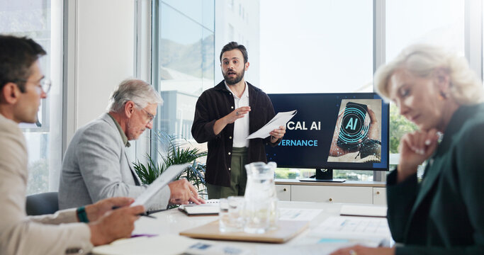 Presentation, paperwork and businessman in office with team for AI governance system. Discussion, professional and IT developer with investors for investment planning with corporate cybersecurity.