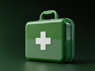 A bright green first aid kit sits against a dark green backdrop, emphasizing its practicality and importance. The kit features a white cross symbol, indicating its purpose for health and safety
