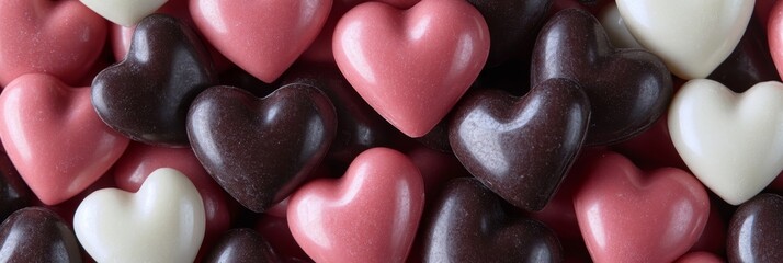 Fototapeta premium Heart-Shaped Chocolates A Sweet Valentine s Day Background of Pink, White, and Brown Treats