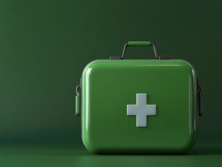 A green first aid kit with a simple white cross sits against a solid green background, symbolizing health and emergency preparedness. Perfect for promoting safety and care