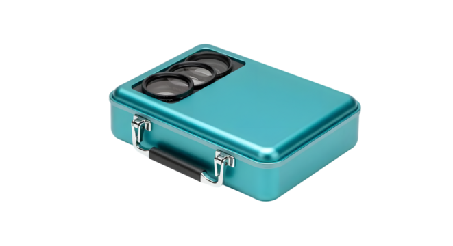 Modern teal metal case with two circular lenses on top, showcasing stylish design and practicality for storage and organization needs at home or office