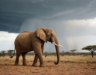 Obraz premium A large elephant is walking through a dusty road in the wild