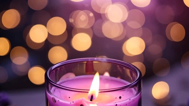 Close Up of a Purple Candle Burning in Glass Jar with Bokeh Lighting Background