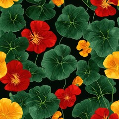 Nasturtium flower plant flora bloom botany seamless pattern ornament design, tile