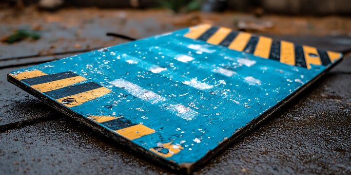 A weathered blue clapperboard rests on a wet concrete surface