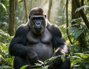 Obraz premium A large gorilla sits in a forest, looking at the camera